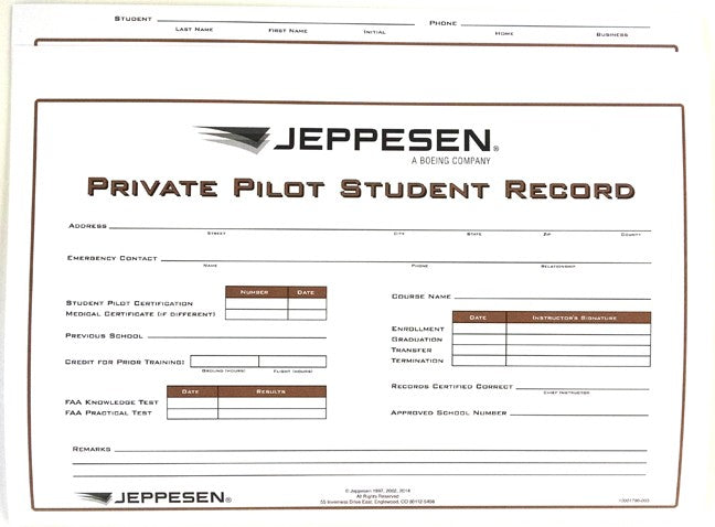 Jeppesen Student Flight Record Folder - Private Pilot - Single