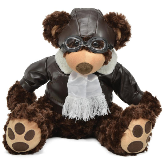 FLUFFY BROWN PILOT BEAR, 20" PLUSH TOY