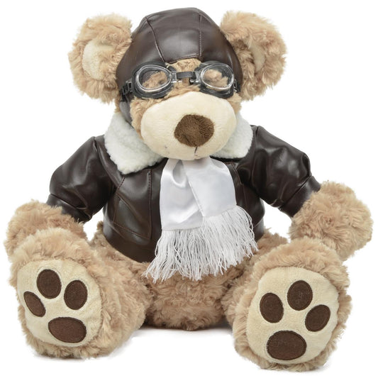 FLUFFY BEIGE PILOT BEAR, 20" PLUSH TOY