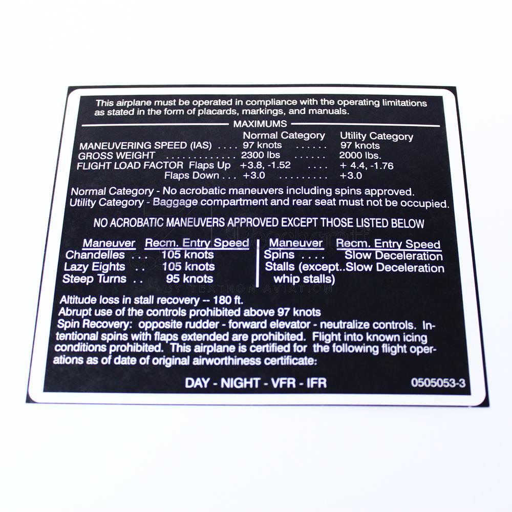 0505053-3 Cessna Aircraft Parts & Accessories PLACARD