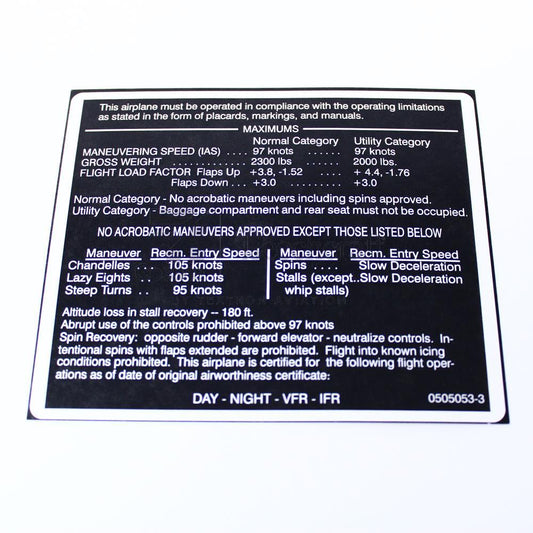 0505053-3 Cessna Aircraft Parts & Accessories PLACARD