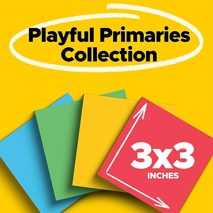 Post-it Super Sticky Notes, 3" x 3", Playful Primaries Collection, 70 Sheet