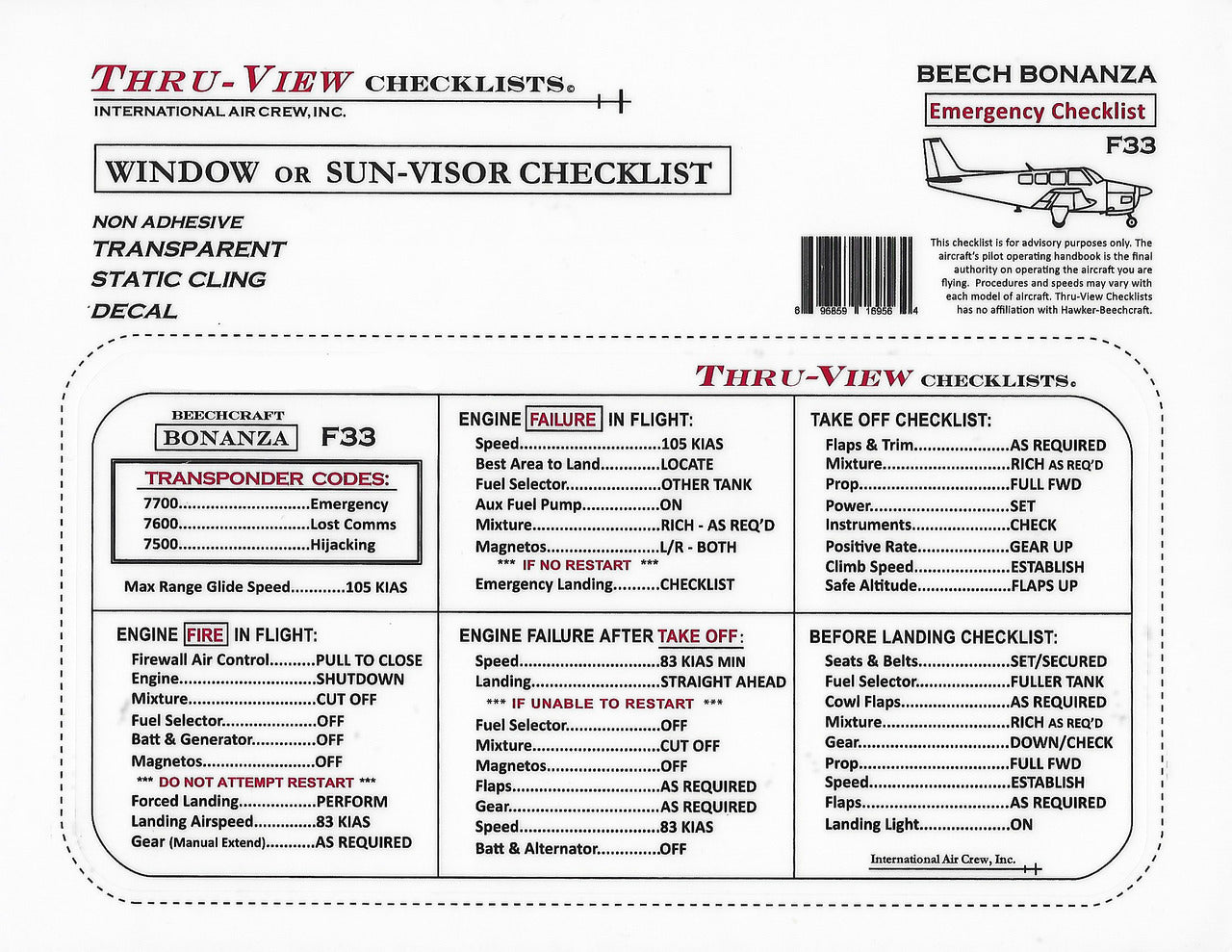 Thru-View Emergency Checklist - Beechcraft Bonanza F33
