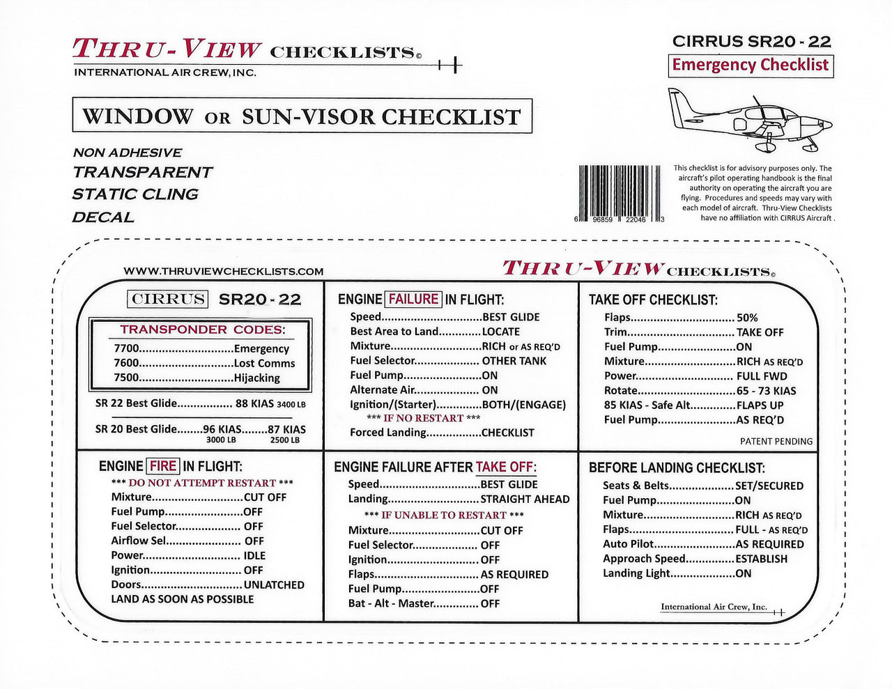 Thru-View Emergency Checklist - Cirrus SR22 / SR20