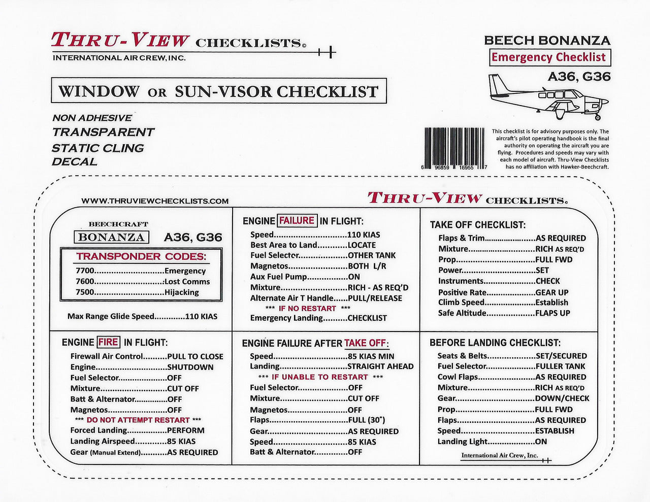 Thru-View Emergency Checklist - Beechcraft Bonanza A36/G36