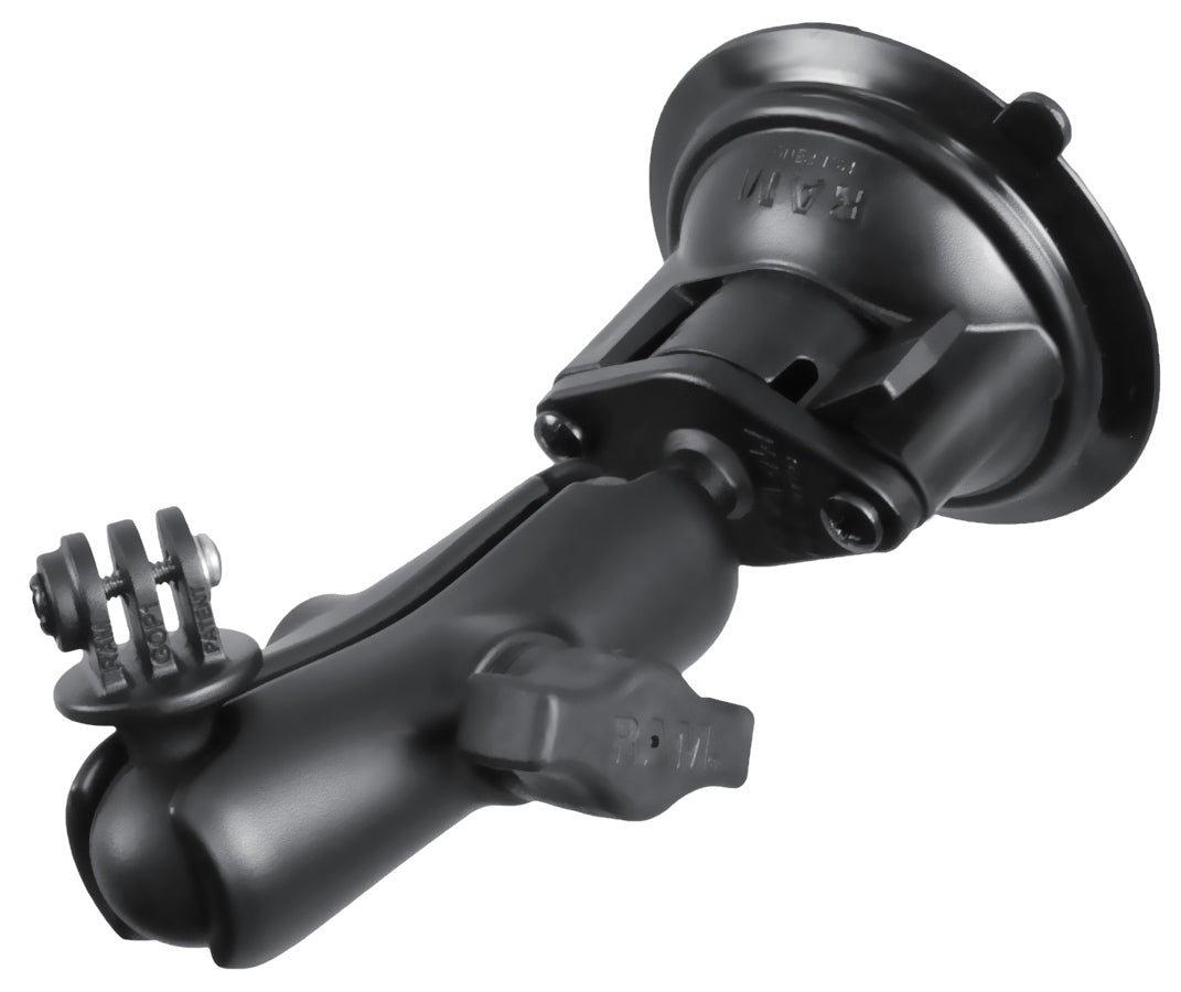 RAM Twist Lock Suction Cup Mount, Short Double Socket Arm & 1" Diameter Ball with Custom GoPro Hero Adapter