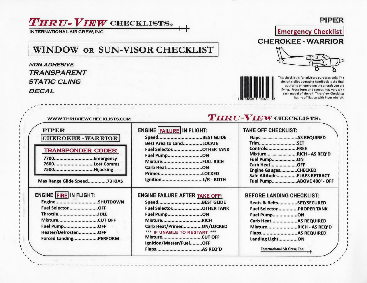 Thru-View Emergency Checklist - Piper PA-28 Cherokee/Warrior